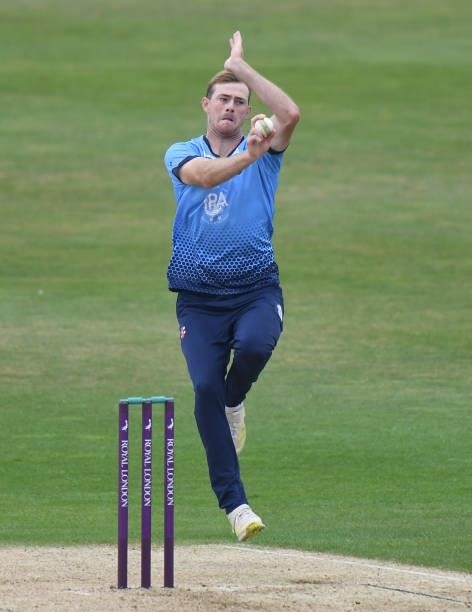 Tom Taylor of Northamptonshire bowls during the Royal London Cup match between Northamptonshire and Glamorgan at The County Ground on July 25, 2021...