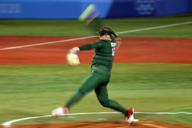 Dallas Escobedo of Team Mexico pitches during the Softball Opening Round on day two of the Tokyo 2020 Olympic Games at Yokohama Baseball Stadium on...