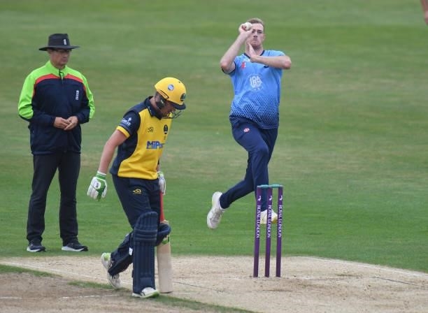 Tom Taylor of Northamptonshire bowls during the Royal London Cup match between Northamptonshire and Glamorgan at The County Ground on July 25, 2021...