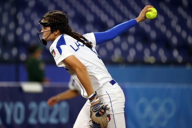Alexia Lacatena of Team Italy pitches in the sixth inning against Team Mexico during the Softball Opening Round on day two of the Tokyo 2020 Olympic...