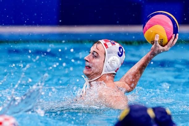 Lovre Milos of Croatia during the Tokyo 2020 Olympic Waterpolo Tournament Men match between Team Croatia and Team Kazakhstan at Tatsumi Waterpolo...