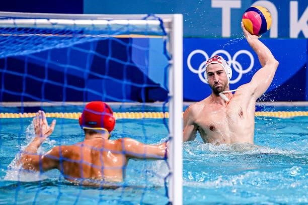 Lovre Milos of Croatia during the Tokyo 2020 Olympic Waterpolo Tournament Men match between Team Croatia and Team Kazakhstan at Tatsumi Waterpolo...