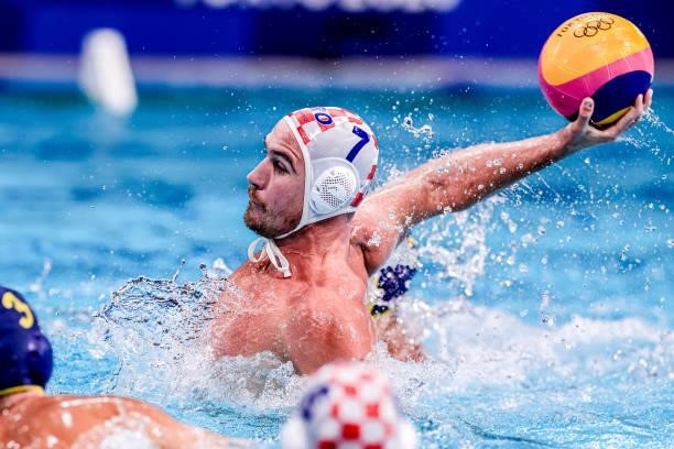 Ante Vukicevic of Croatia during the Tokyo 2020 Olympic Waterpolo Tournament Men match between Team Croatia and Team Kazakhstan at Tatsumi Waterpolo...
