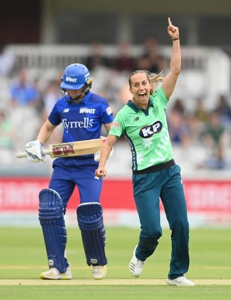 Tash Farrant of Oval Invincibles celebrates after dismissing Freya Davies of London Spirit during The Hundred match between London Spirit and Oval...