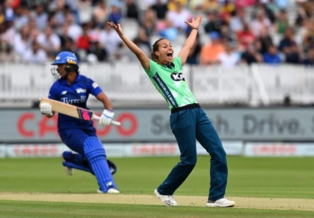 Tash Farrant of Oval Invincibles Women celebrates after taking a wicket during The Hundred match between London Spirit Women and Oval Invincibles...