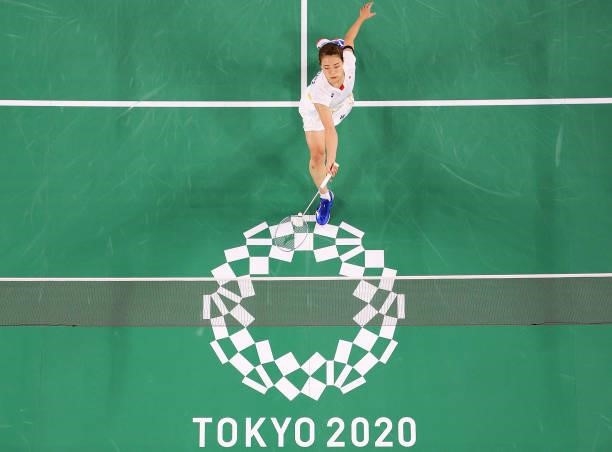Okuhara Nozomi of Team Japan competes against Yvonne Li of Team Germany during a Women’s Singles Group E match on day two of the Tokyo 2020 Olympic...