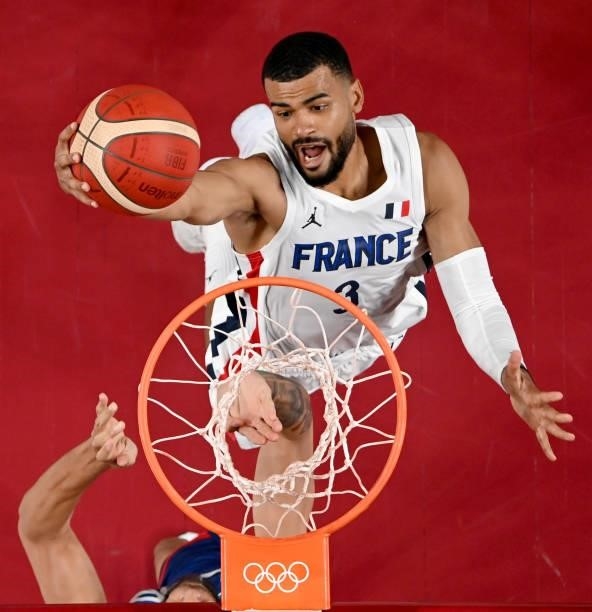 Timothe Luwawu Kongbo of Team France grabs a rebound against Team United States of America during the first half of the Men's Preliminary Round Group...