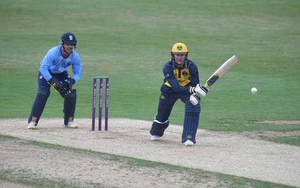 Tom Cullen of Glamorgan bats during the Royal London Cup match between Northamptonshire and Glamorgan at The County Ground on July 25, 2021 in...