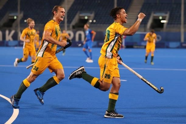 Tevin Michael Kok of Team South Africa celebrates after scoring their team's third goal during the Men's Preliminary Pool B match between South...