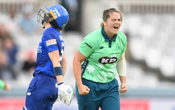 Dane van Niekerk of Oval Invincibles celebrates after dismissing Heather Knight of London Spirit during The Hundred match between London Spirit and...