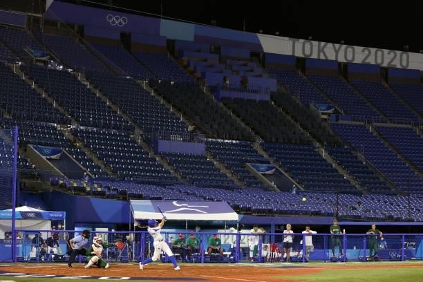 Andrea Marie Filler of Team Italy bats in the seventh inning against Team Mexico during the Softball Opening Round on day two of the Tokyo 2020...