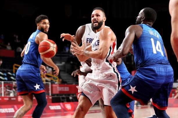 Evan Fournier of Team France loses possesion of the ball against Team United States of America during the first half of the Men's Preliminary Round...