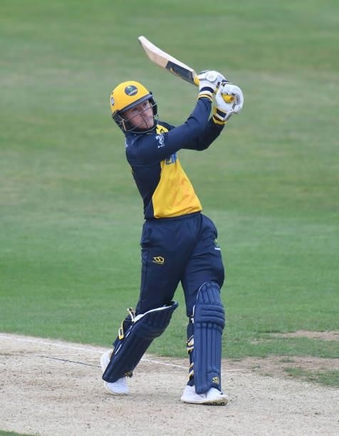 Callum Taylor of Glamorgan bats during the Royal London Cup match between Northamptonshire and Glamorgan at The County Ground on July 25, 2021 in...