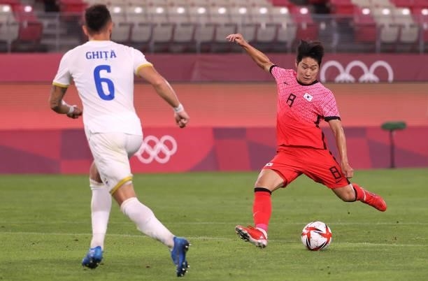 Kangin Lee of Team South Korea scores their side's fourth goal during the Men's First Round Group B match between Romania and Republic of Korea on...