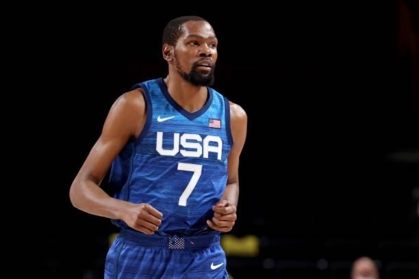 Kevin Durant of Team United States runs up the court during the first half of the games against France in Men's Preliminary Round Group B action on...