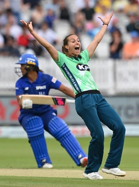 Tash Farrant of Oval Invincibles Women celebrates after taking a wicket during The Hundred match between London Spirit Women and Oval Invincibles...