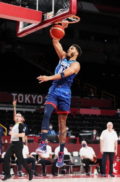 Jayson Tatum of Team United States dunks against Team France during the first half of the Men's Preliminary Round Group B game on day two of the...