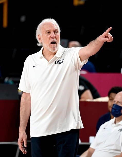 Coach Gregg Popovich of the USA calls out to his players during the preliminary rounds of the Men's Basketball match between the USA and France on...