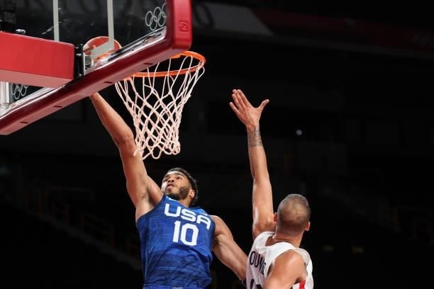 Jayson Tatum of Team United States goes up for a layup against Team France during the first half of the Men's Preliminary Round Group B game on day...