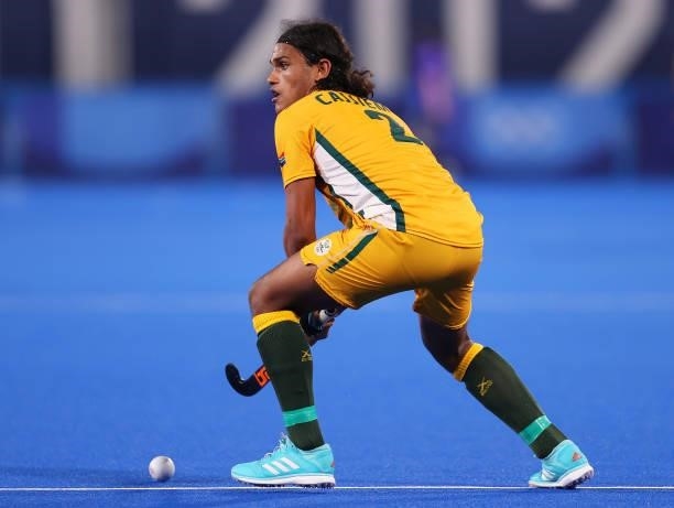 Mustaphaa Cassiem of Team South Africa controls the ball during the Men's Preliminary Pool B match between South Africa and the Netherlands on day...