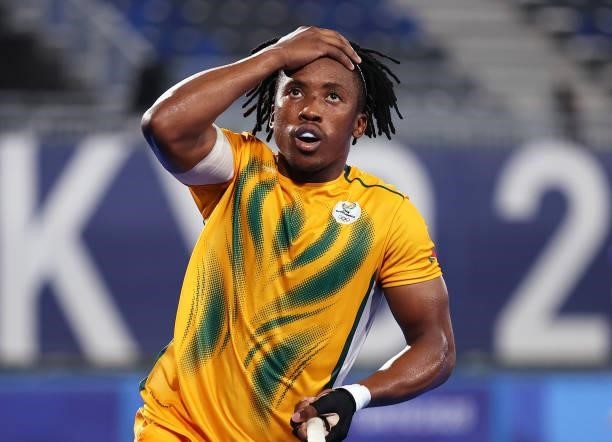 Nqobile Mansuet Ntuli of Team South Africa reacts following a missed chance during the Men's Preliminary Pool B match between South Africa and the...