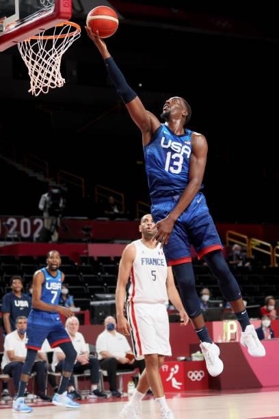 Bam Adebayo of Team United States goes up for a layup against Team France during the first half of the Men's Preliminary Round Group B game on day...