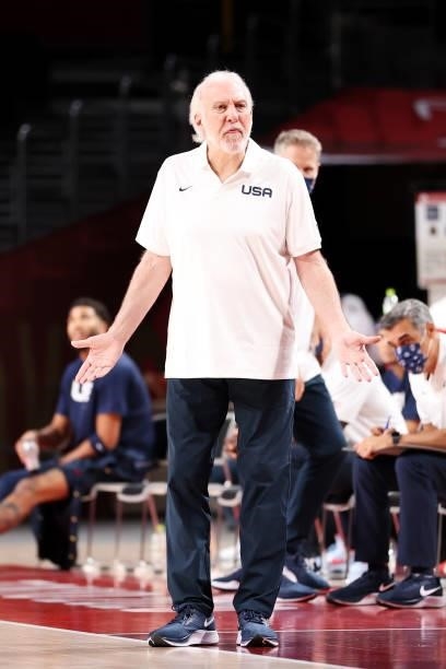 Gregg Popovich # of Team United States questions a call against Team France during the first half of the Men's Preliminary Round Group B game on day...