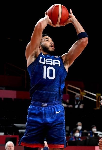 Jayson Tatum of the USA in action during the preliminary rounds of the Men's Basketball match between the USA and France on day two of the Tokyo 2020...