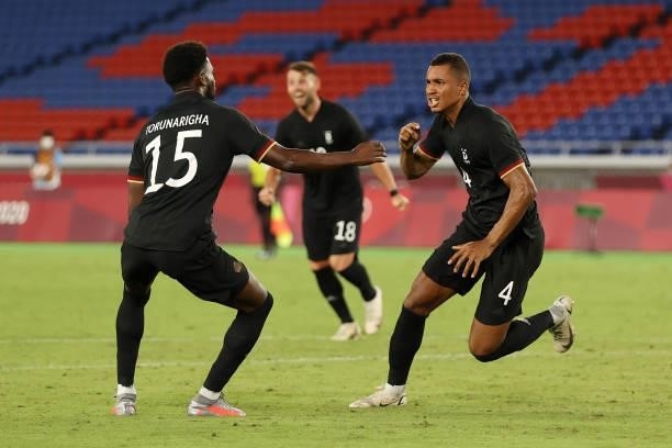 Felix Uduokhai of Team Germany celebrates after scoring their side's third goal during the Men's First Round Group D match between Saudi Arabia and...
