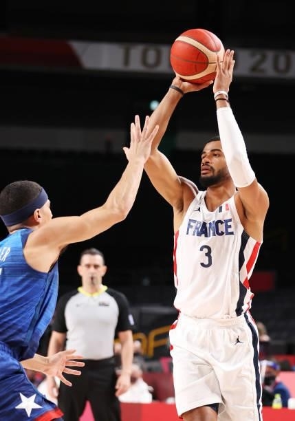 Timothe Luwawu Kongbo of Team France looks to pass against Team United States of America during the first half of the Men's Preliminary Round Group B...