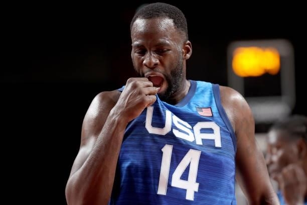 Draymond Green of Team United States reacts during the first half of the Men's Preliminary Round Group B game against Team France on day two of the...
