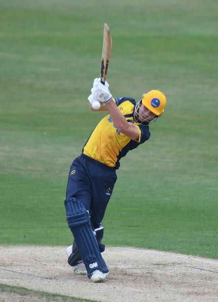 Joe Cooke of Glamorgan bats during the Royal London Cup match between Northamptonshire and Glamorgan at The County Ground on July 25, 2021 in...