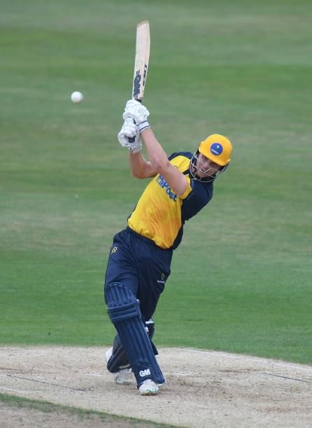 Joe Cooke of Glamorgan bats during the Royal London Cup match between Northamptonshire and Glamorgan at The County Ground on July 25, 2021 in...