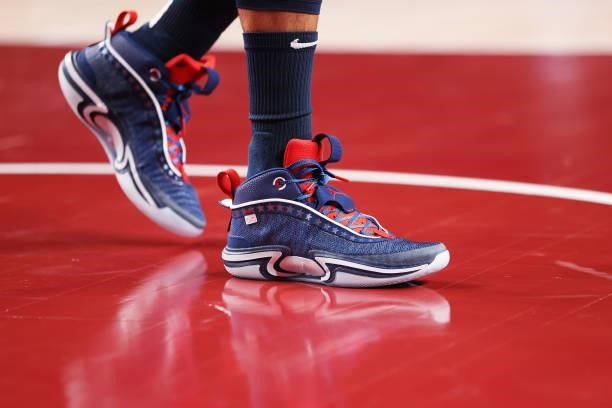 Detail photo of Jayson Tatum of Team United States sneakers during the first half of the Men's Preliminary Round Group B game against Team France on...