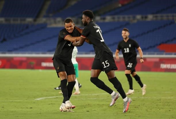 Felix Uduokhai of Team Germany celebrates after scoring their side's third goal during the Men's First Round Group D match between Saudi Arabia and...