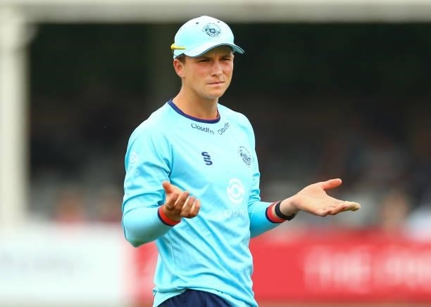 Michael Pepper of Essex reacts during the Royal London Cup match between Essex and Middlesex at Cloudfm County Ground on July 25, 2021 in Chelmsford,...