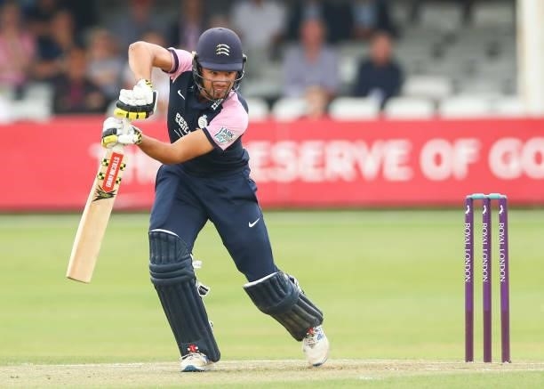 Max Holden of Middlesex bats during the Royal London Cup match between Essex and Middlesex at Cloudfm County Ground on July 25, 2021 in Chelmsford,...