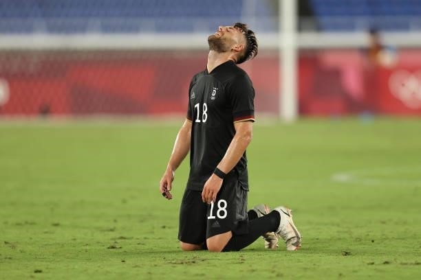 Eduard Loewen of Team Germany reacts after the Men's First Round Group D match between Saudi Arabia and Germany on day two of the Tokyo 2020 Olympic...