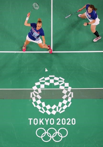 Maiken Fruergaard and Sara Thygesen of Team Denmark compete against during a Women's Doubles Group C match on day two of the Tokyo 2020 Olympic Games...