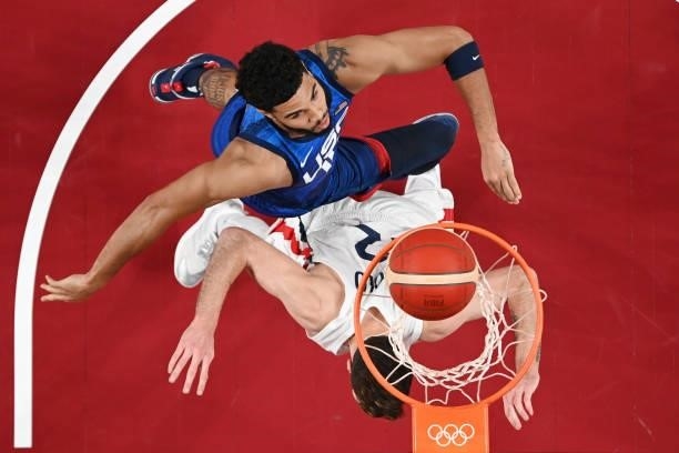 Jayson Tatum of Team United States looks for a rebound against Team France during the first half of the Men's Preliminary Round Group B game on day...