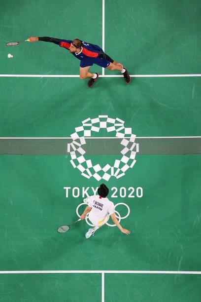 Hiroyuki Endo and Yuta Watanabe of Team Japan compete against Vladimir Ivanov and Ivan Sozonov of Team ROC during a Men's Doubles Group B match on...