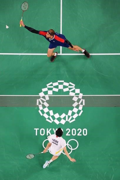 Hiroyuki Endo and Yuta Watanabe of Team Japan compete against Vladimir Ivanov and Ivan Sozonov of Team ROC during a Men's Doubles Group B match on...