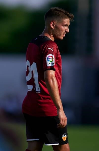 Manu Vallejo of Valencia CF looks on during the pre-season friendly match between Valencia CF and FC Cartagena at Antonio Puchades Stadium on July...
