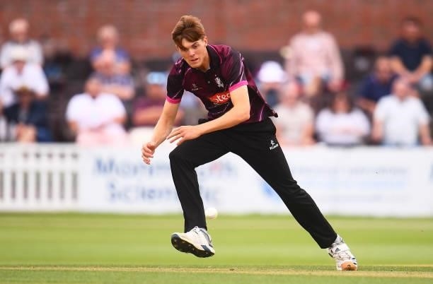 Kasey Aldridge of Somerset fields the ball from their own bowling during the Royal London One Day Cup match between Somerset and Derbyshire at The...
