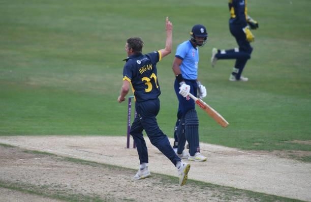 Michael Hogan of Glamorgan celebrates taking the wicket of Emilio Gay of Northamptonshire during the Royal London Cup match between Northamptonshire...