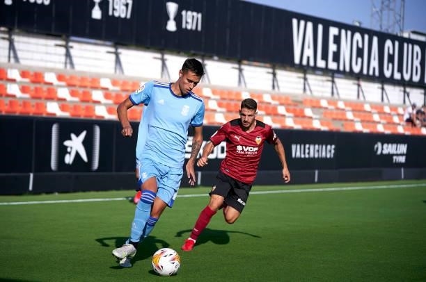 Uriel Jove of Cartagena in action during the pre-season friendly match between Valencia CF and FC Cartagena at Antonio Puchades Stadium on July 24,...