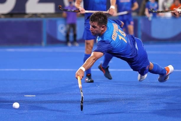 Robbert Kemperman of Team Netherlands dives to make a shot on goal and misses during the Men's Preliminary Pool B match between South Africa and the...