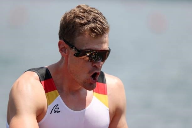 Hannes Ocik Stroke of the Men's Eight of Team Germany on day one of the Tokyo 2020 Olympic Games at Sea Forest Waterway on July 24, 2021 in Tokyo,...