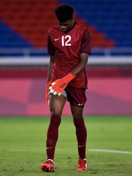 Mohammed Al Yami of Saudi Arabia looks dejected after conceding his sides second goal during the Tokyo 2020 Olympic Mens Football Tournament match...