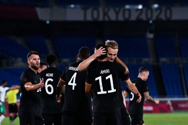 Nadiem Amiri of Germany celebrates with Cedric Teuchert of Germany after scoring his sides first goal during the Tokyo 2020 Olympic Mens Football...
